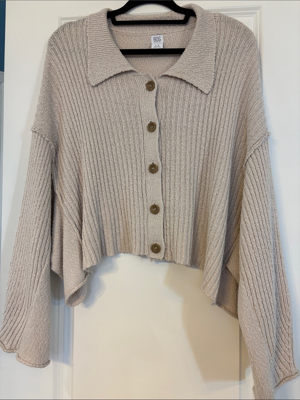 BDG Beige Cropped Ribbed Button-Front Cardigan